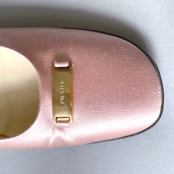 PRADA pink satin ballet flats w/ gold color buckle engraved with PRADA - Picture 8 of 14